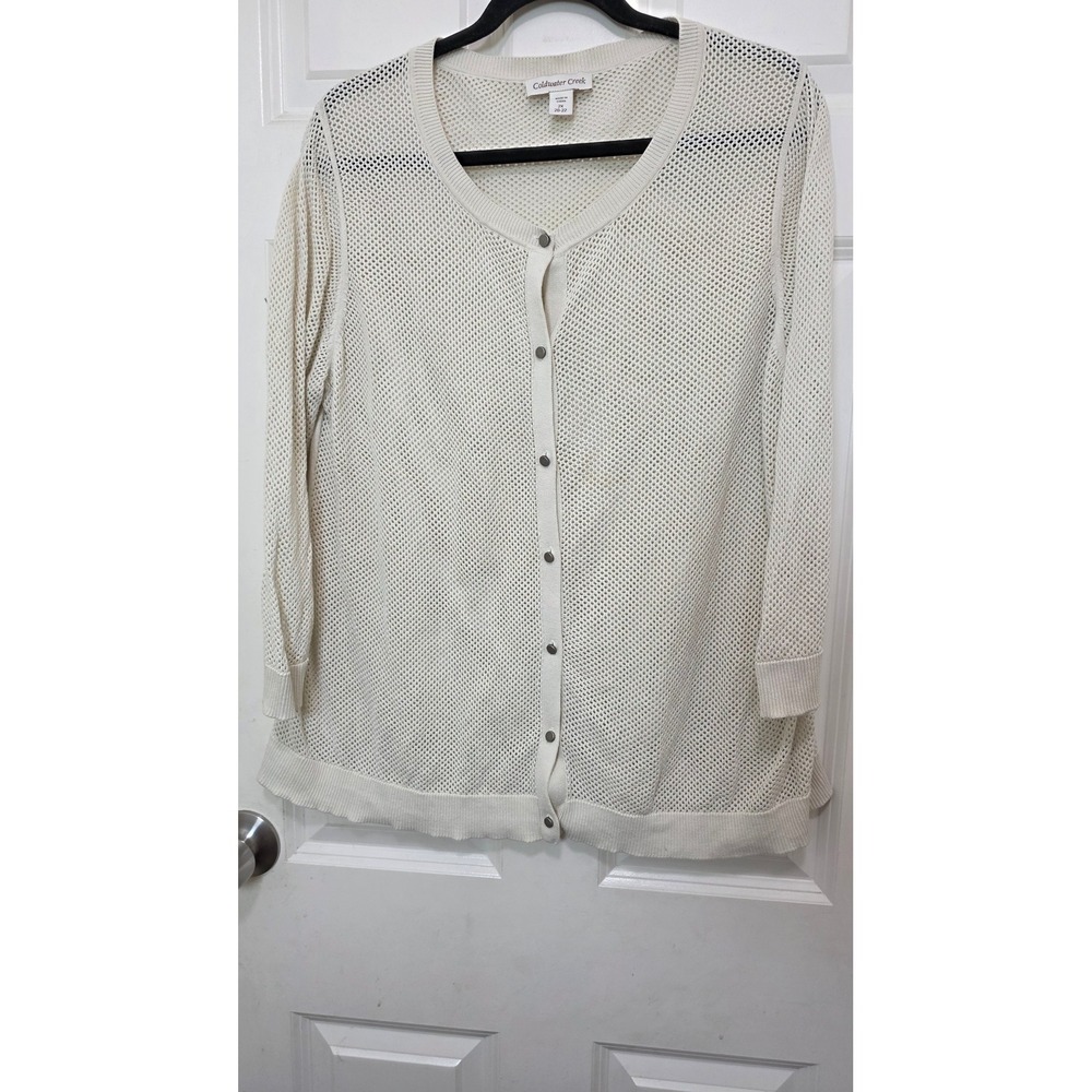Coldwater Creek Cardigan Womens 2X Cream Silk Cotton Open Knit Mesh‎ Sweater